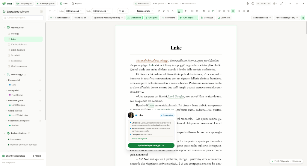 Folia — Schermata reale Manoscritto con Wiki-Popup del personaggio