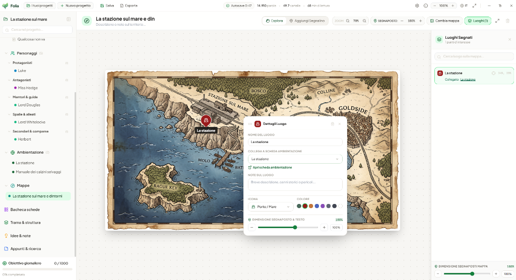 Folia — Schermata reale Mappe geografiche interattive con segnaposti e dettagli luogo